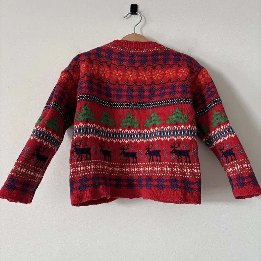 Vintage GAP Kids Fair Isle Cardigan Red Sweater XS Moose Tree Scandi 100% Cotton